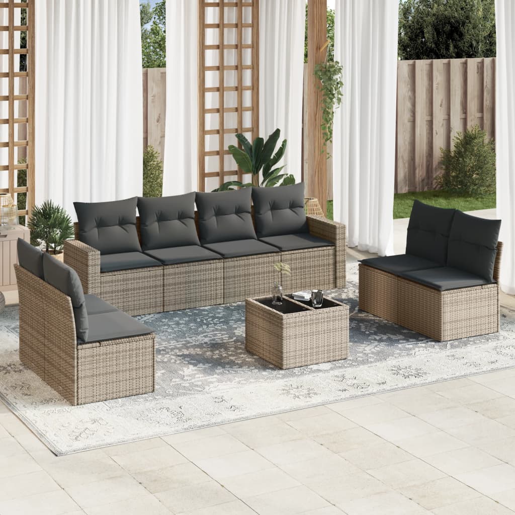 9-tlg. Garten-Sofagarnitur mit Kissen Beige Poly Rattan