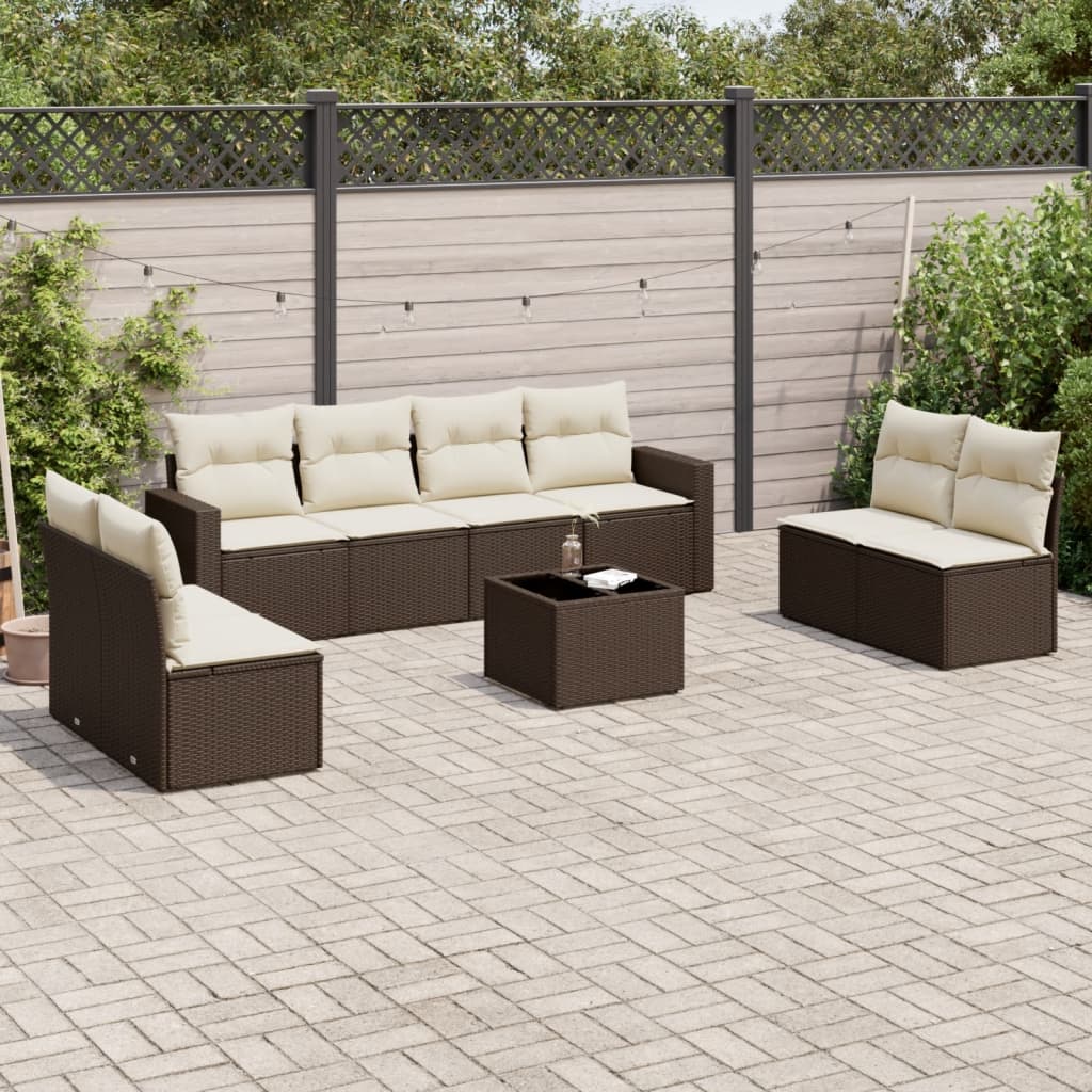 9-tlg. Garten-Sofagarnitur mit Kissen Braun Poly Rattan