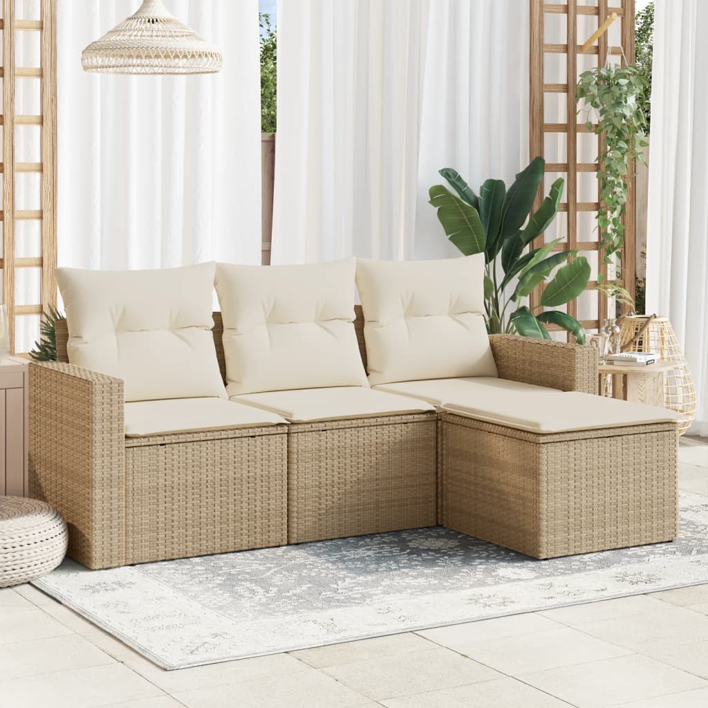 4-tlg. Garten-Sofagarnitur mit Kissen Beige Poly Rattan