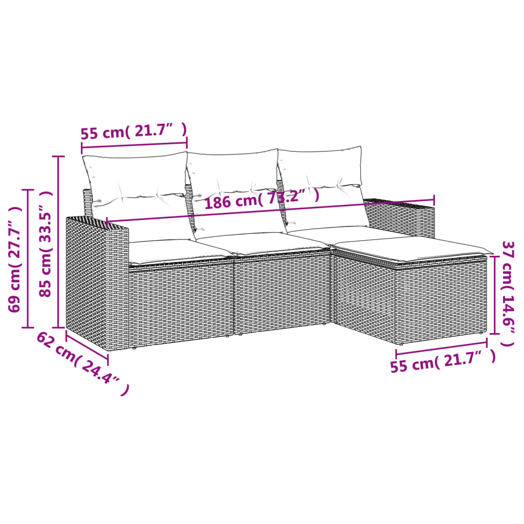 4-tlg. Garten-Sofagarnitur mit Kissen Braun Poly Rattan