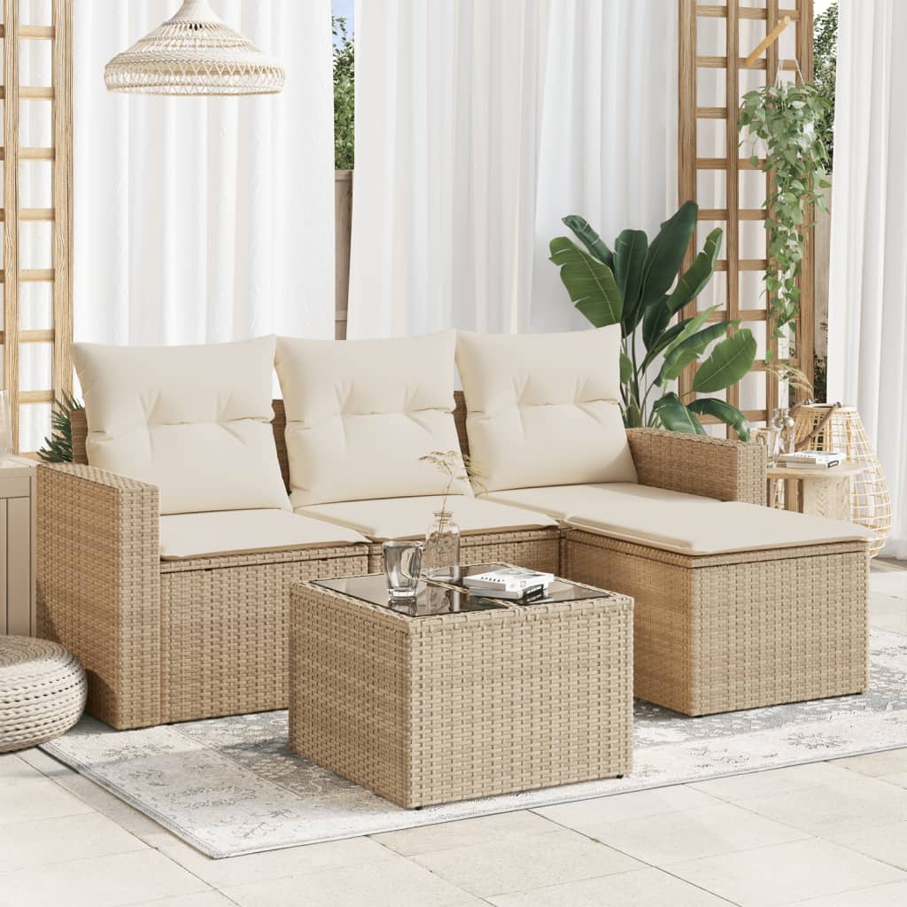 5-tlg. Garten-Sofagarnitur mit Kissen Beige Poly Rattan