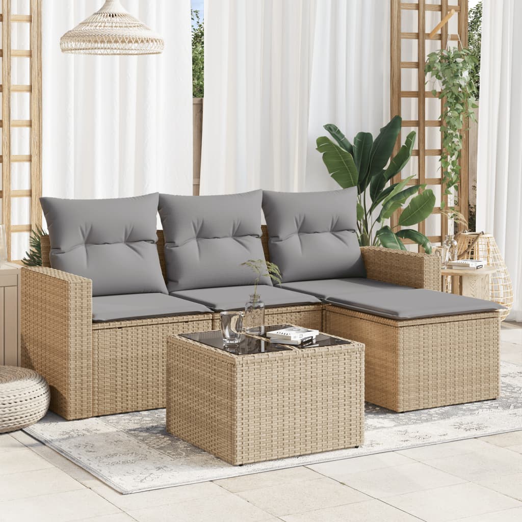 5-tlg. Garten-Sofagarnitur mit Kissen Beige Poly Rattan