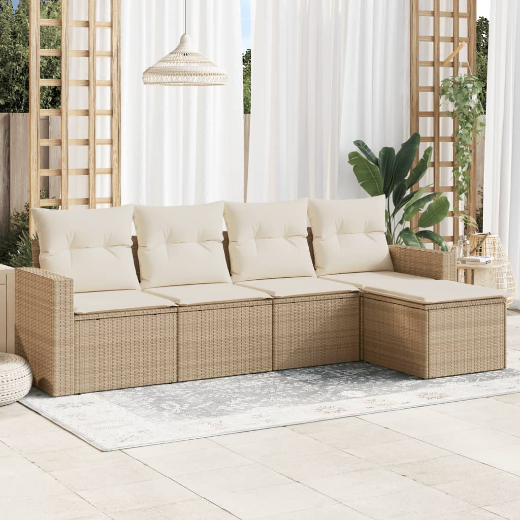 5-tlg. Garten-Sofagarnitur mit Kissen Beige Poly Rattan