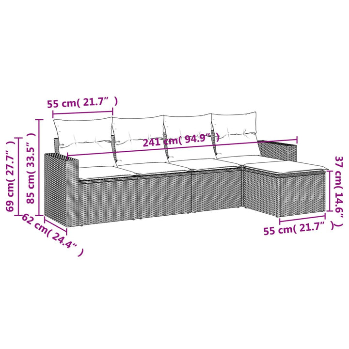 5-tlg. Garten-Sofagarnitur mit Kissen Grau Poly Rattan