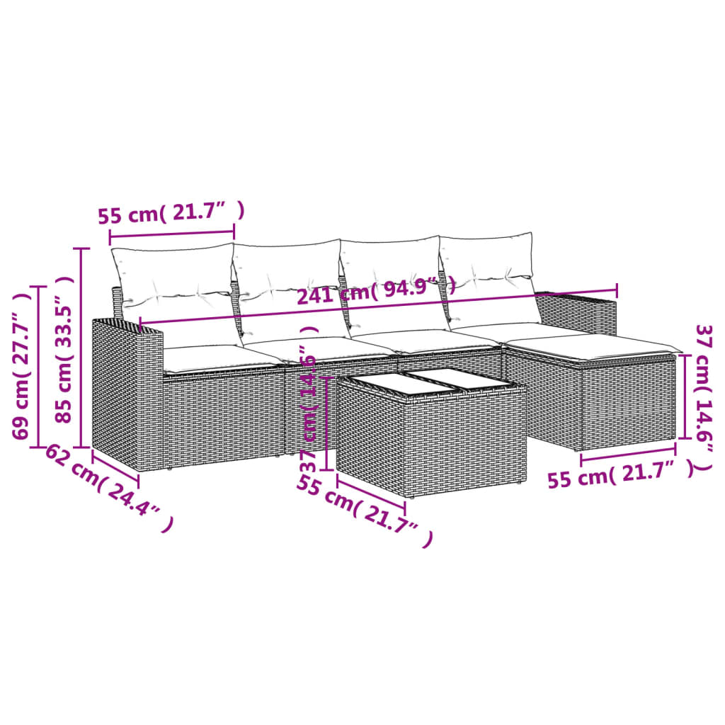 6-tlg. Garten-Sofagarnitur mit Kissen Hellgrau Poly Rattan