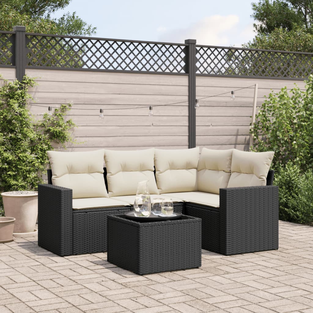 5-tlg. Garten-Sofagarnitur mit Kissen Schwarz Poly Rattan