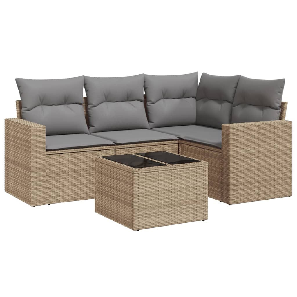 5-tlg. Garten-Sofagarnitur mit Kissen Beige Poly Rattan