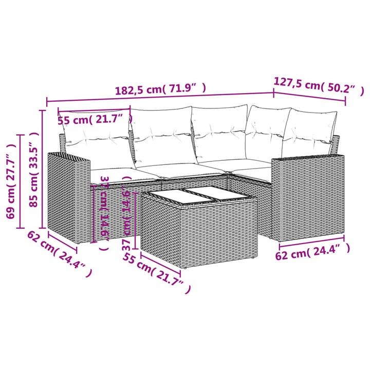 5-tlg. Garten-Sofagarnitur mit Kissen Braun Poly Rattan