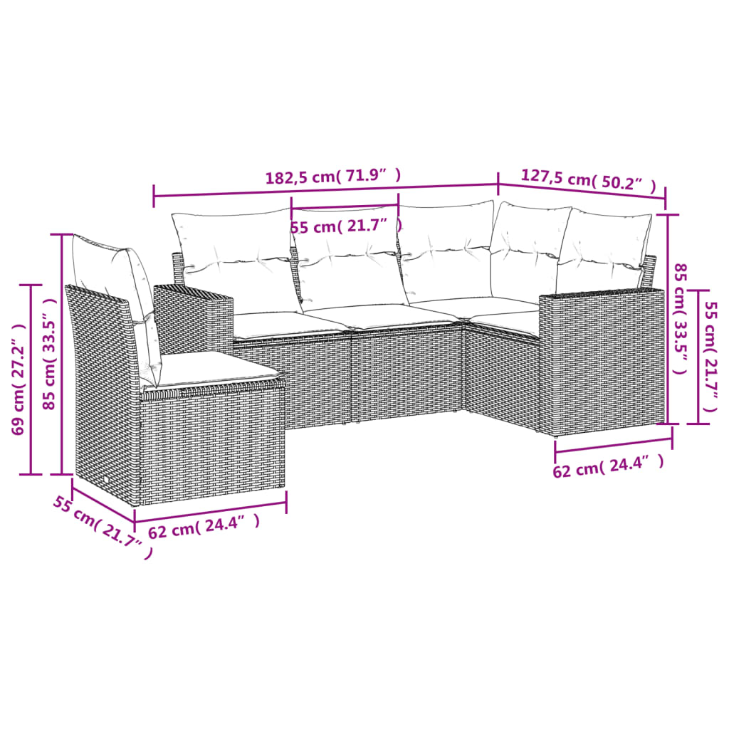 5-tlg. Garten-Sofagarnitur mit Kissen Grau Poly Rattan