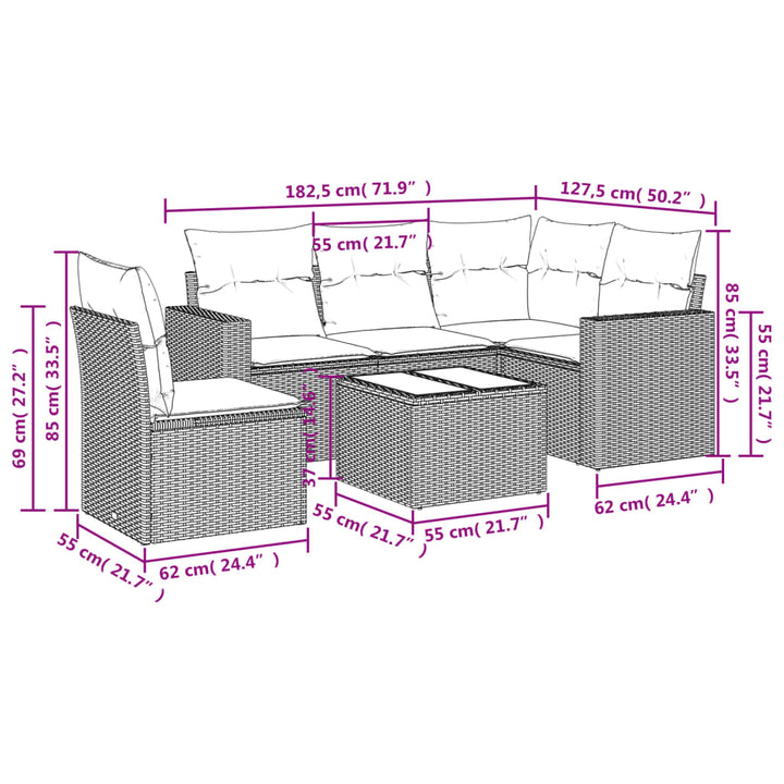 6-tlg. Garten-Sofagarnitur mit Kissen Grau Poly Rattan