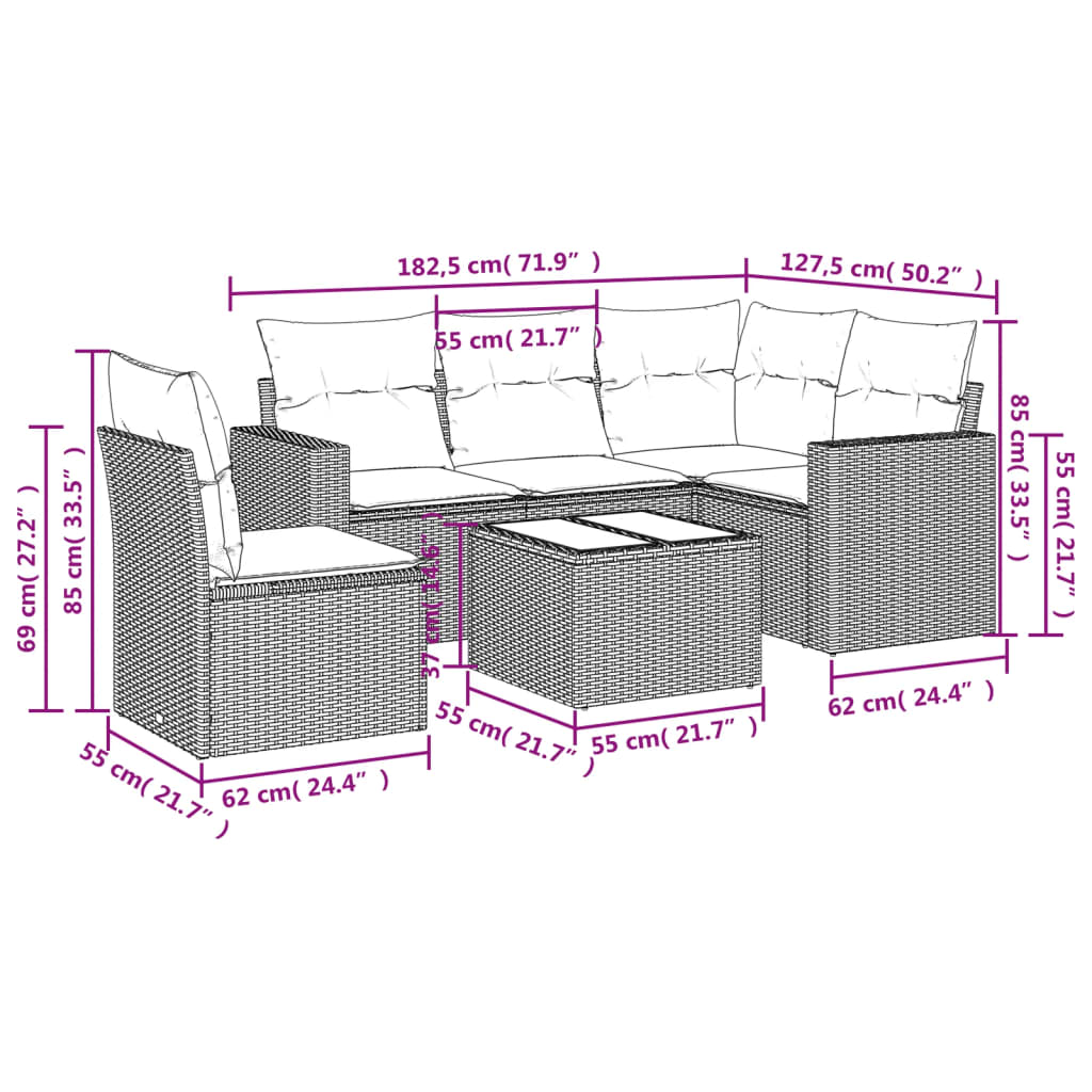 6-tlg. Garten-Sofagarnitur mit Kissen Braun Poly Rattan