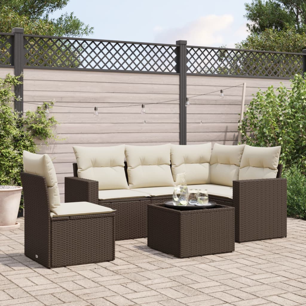 6-tlg. Garten-Sofagarnitur mit Kissen Braun Poly Rattan