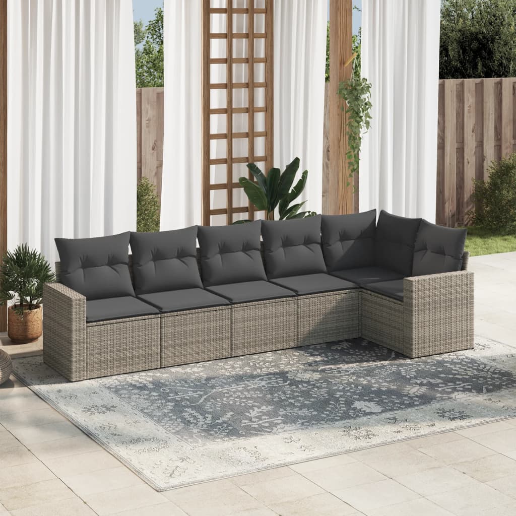 6-tlg. Garten-Sofagarnitur mit Kissen Grau Poly Rattan