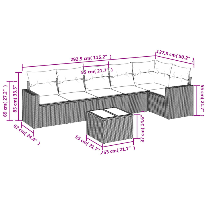 7-tlg. Garten-Sofagarnitur mit Kissen Grau Poly Rattan