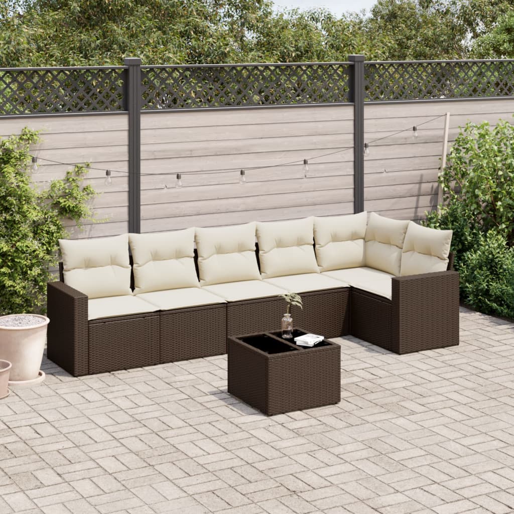 7-tlg. Garten-Sofagarnitur mit Kissen Braun Poly Rattan