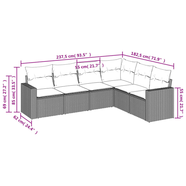 6-tlg. Garten-Sofagarnitur mit Kissen Braun Poly Rattan