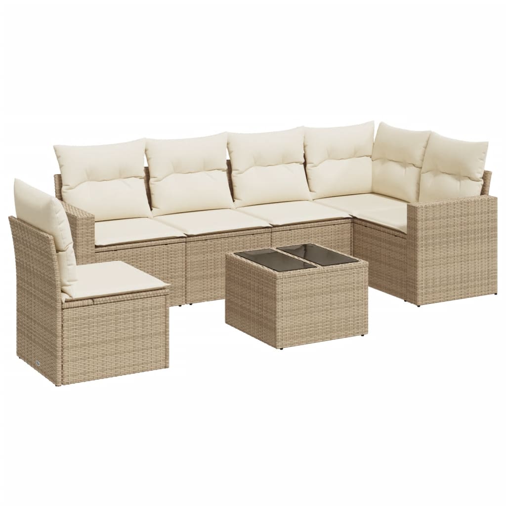 7-tlg. Garten-Sofagarnitur mit Kissen Beige Poly Rattan