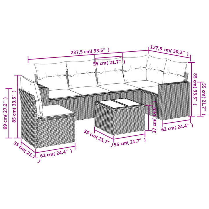 7-tlg. Garten-Sofagarnitur mit Kissen Grau Poly Rattan