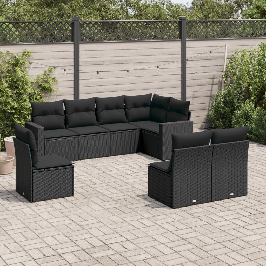 8-tlg. Garten-Sofagarnitur mit Kissen Schwarz Poly Rattan