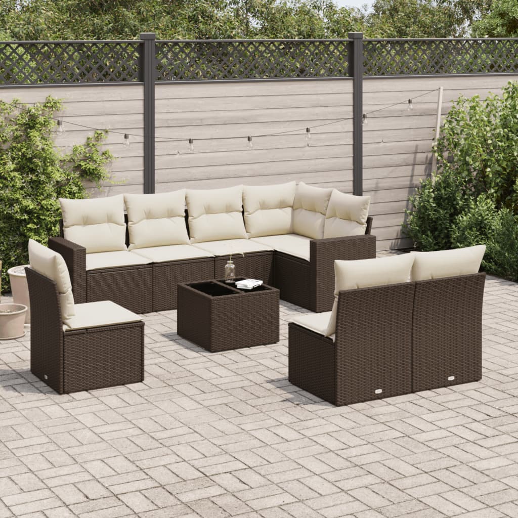 9-tlg. Garten-Sofagarnitur mit Kissen Braun Poly Rattan