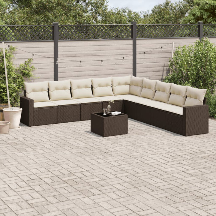 10-tlg. Garten-Sofagarnitur mit Kissen Braun Poly Rattan