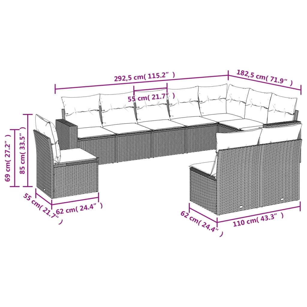 10-tlg. Garten-Sofagarnitur mit Kissen Grau Poly Rattan