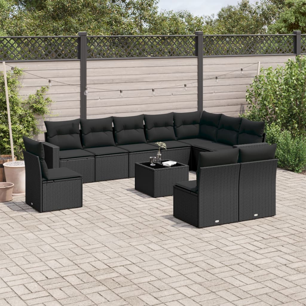 11-tlg. Garten-Sofagarnitur mit Kissen Schwarz Poly Rattan