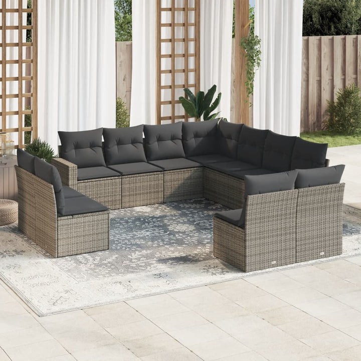 11-tlg. Garten-Sofagarnitur mit Kissen Grau Poly Rattan