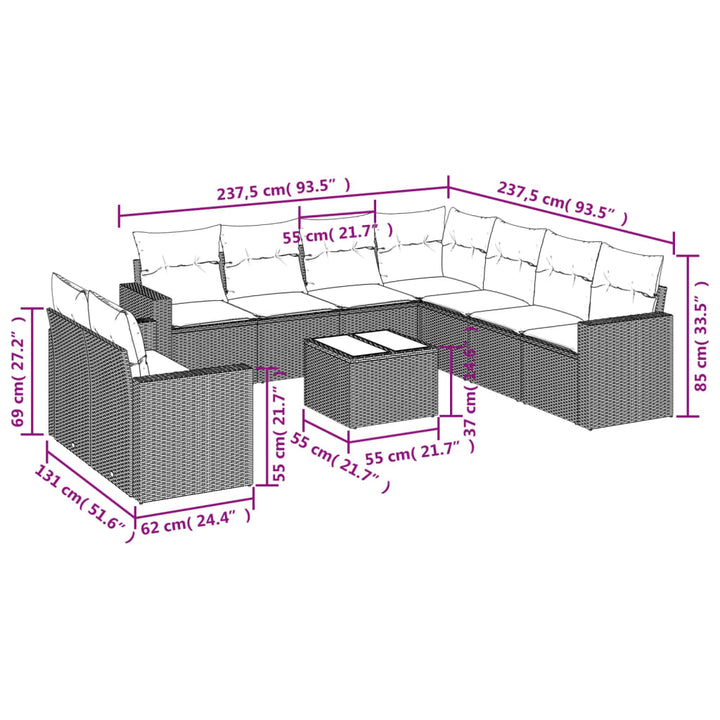 10-tlg. Garten-Sofagarnitur mit Kissen Braun Poly Rattan