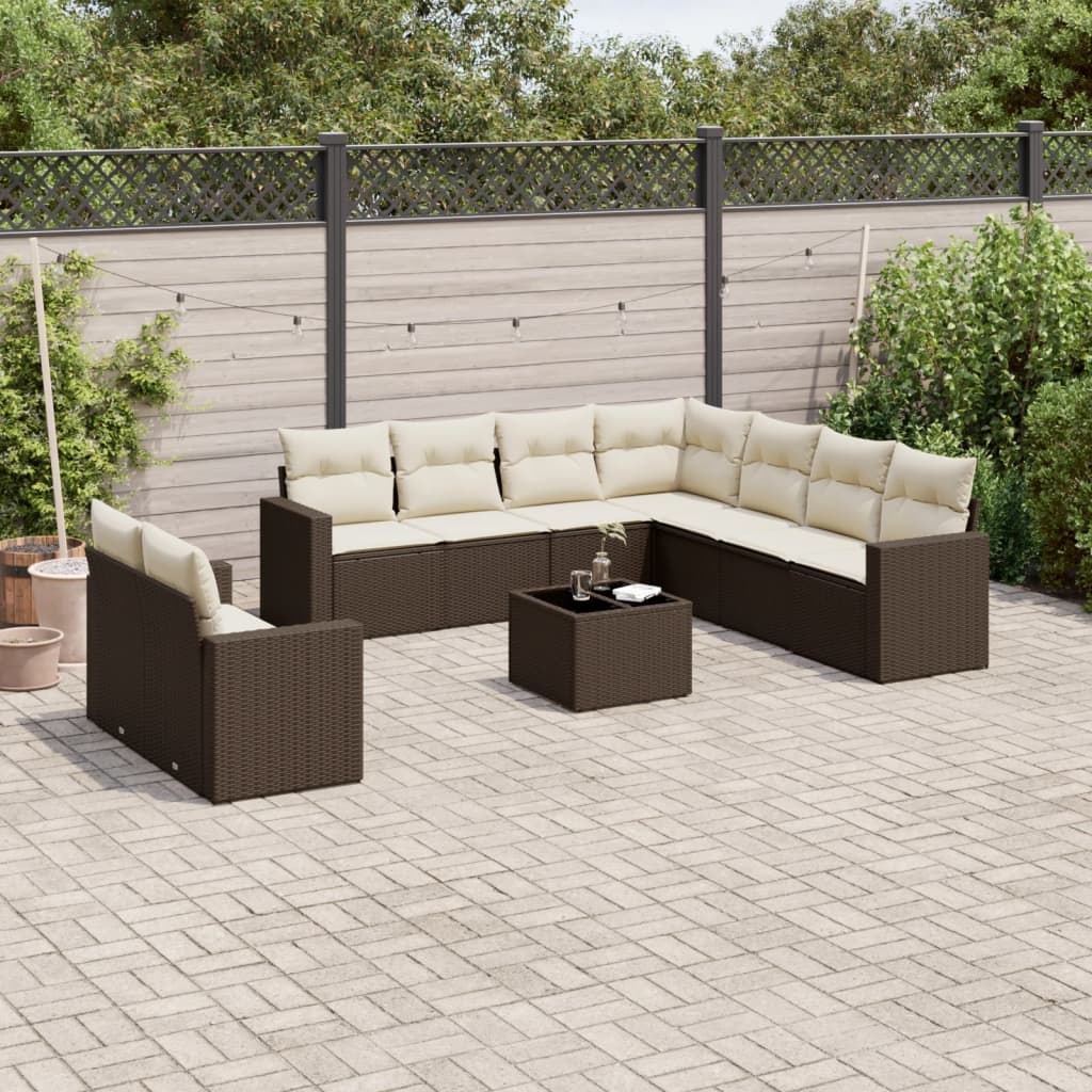 10-tlg. Garten-Sofagarnitur mit Kissen Braun Poly Rattan