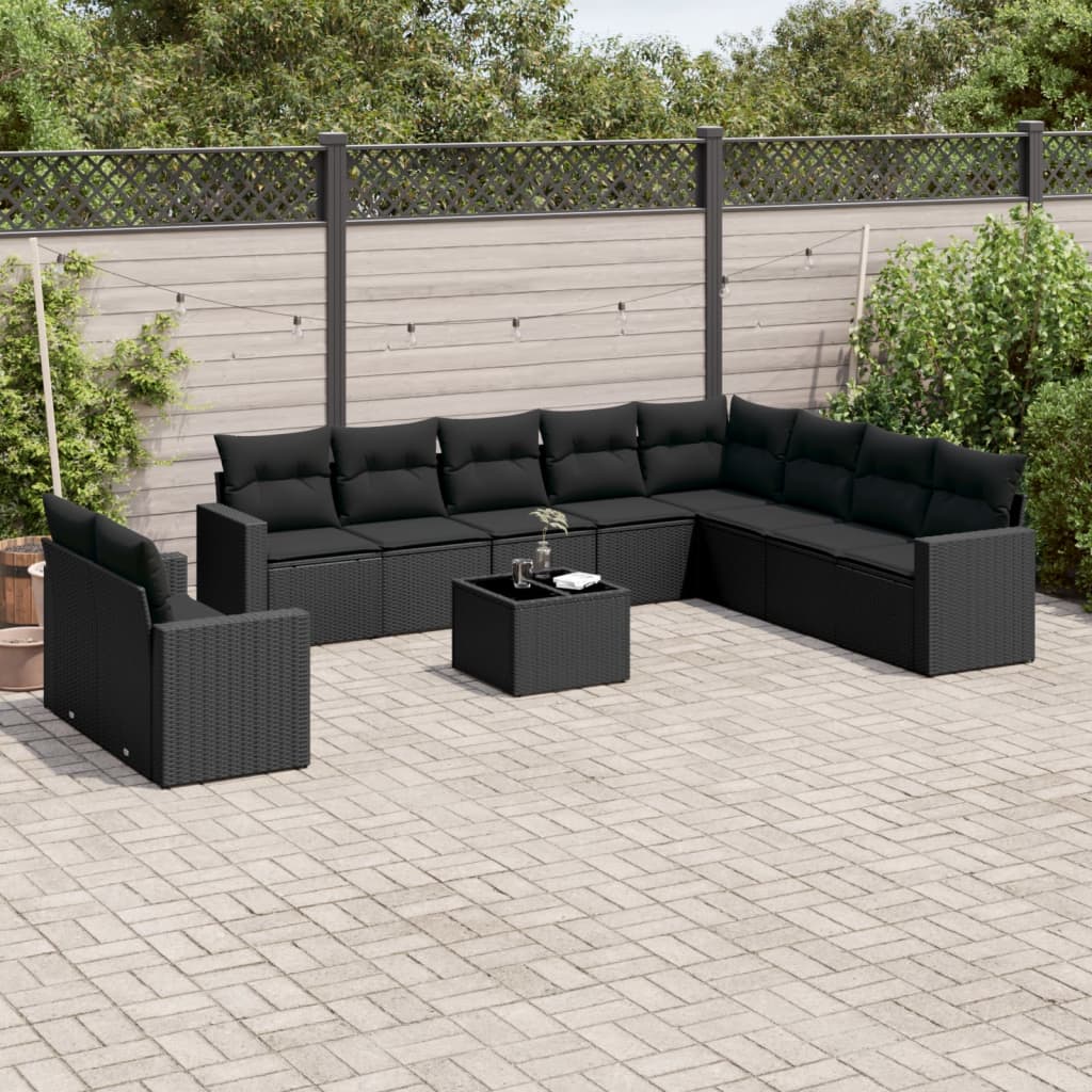 11-tlg. Garten-Sofagarnitur mit Kissen Schwarz Poly Rattan