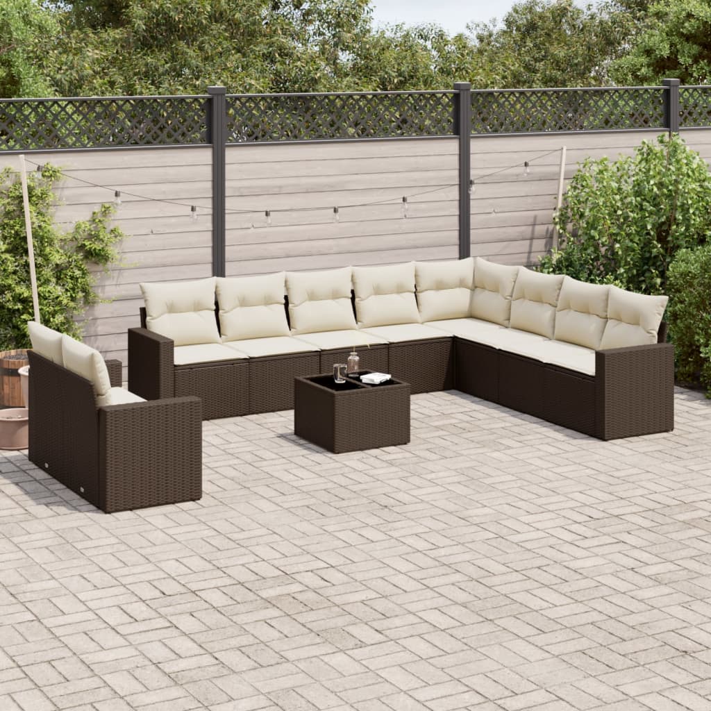 11-tlg. Garten-Sofagarnitur mit Kissen Braun Poly Rattan