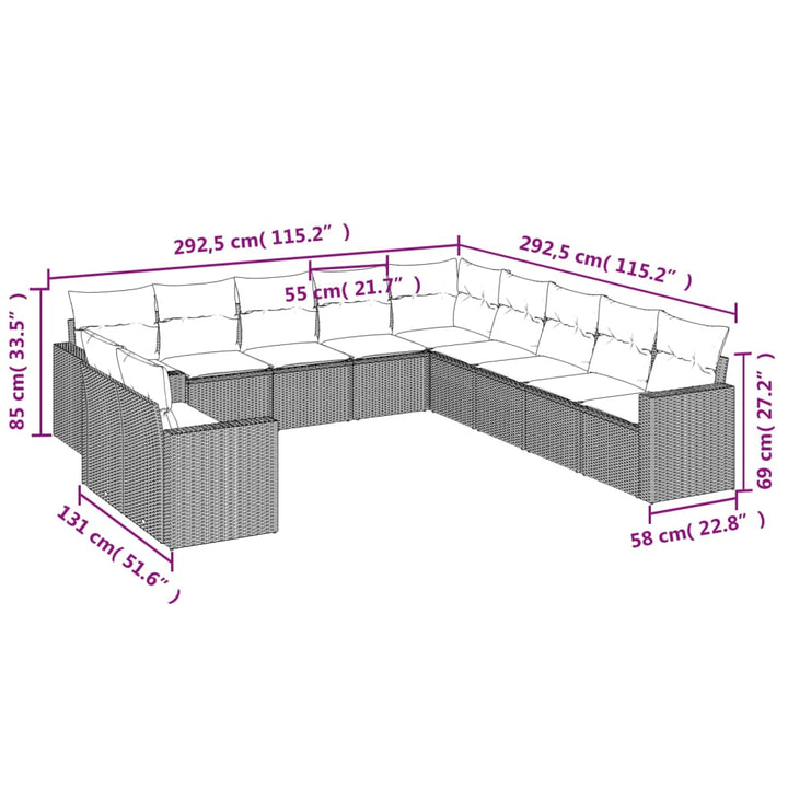 11-tlg. Garten-Sofagarnitur mit Kissen Schwarz Poly Rattan