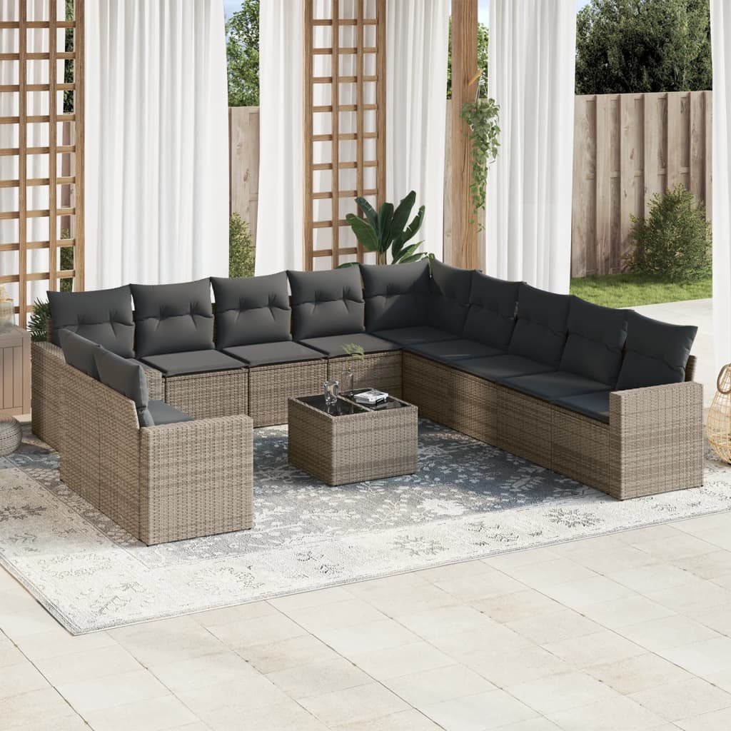 12-tlg. Garten-Sofagarnitur mit Kissen Grau Poly Rattan