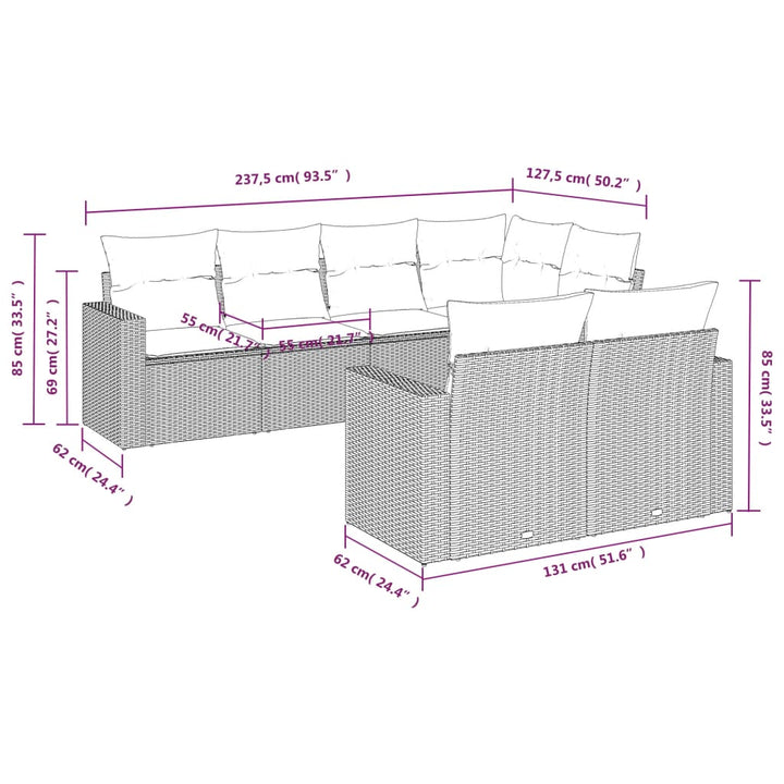 7-tlg. Garten-Sofagarnitur mit Kissen Hellgrau Poly Rattan