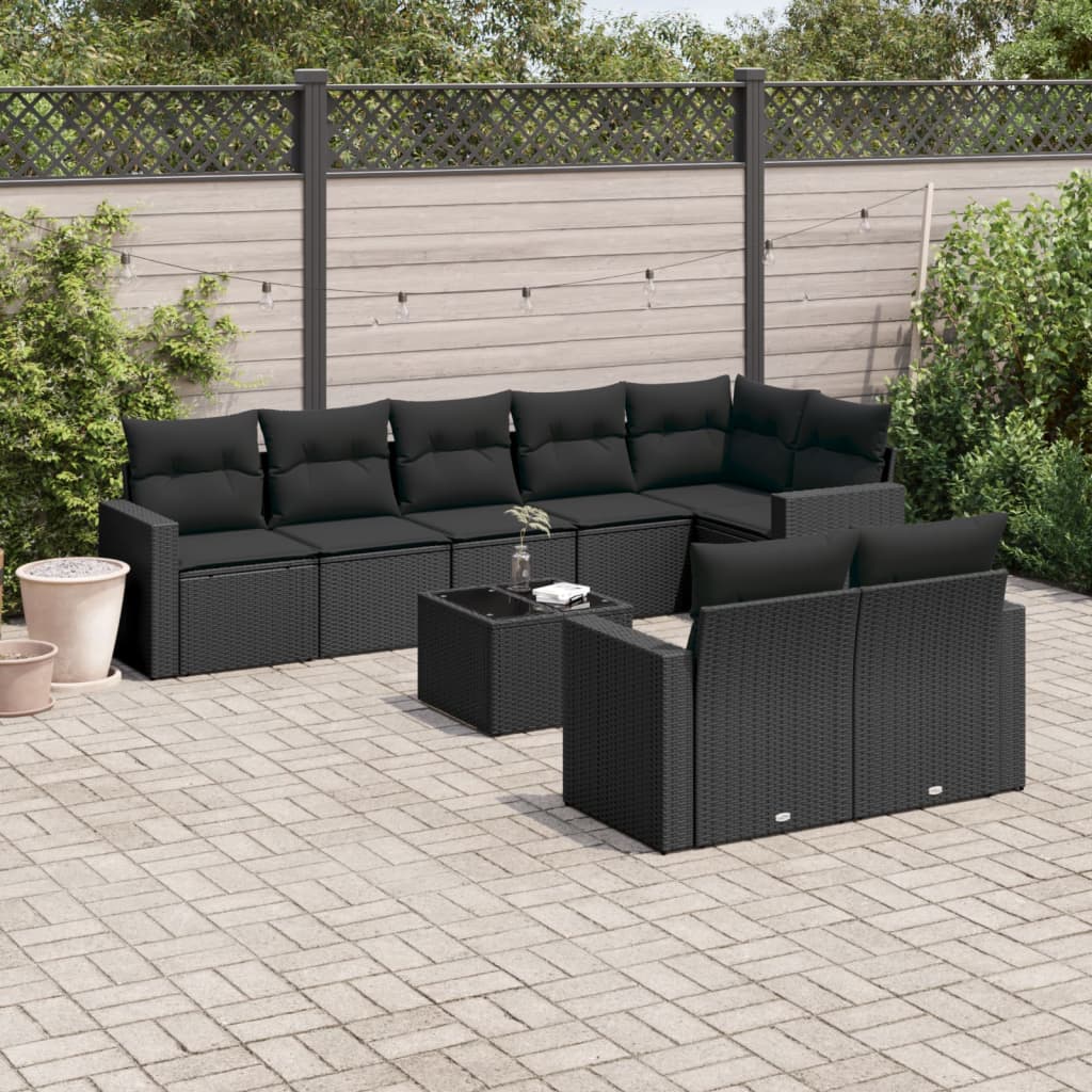 9-tlg. Garten-Sofagarnitur mit Kissen Schwarz Poly Rattan