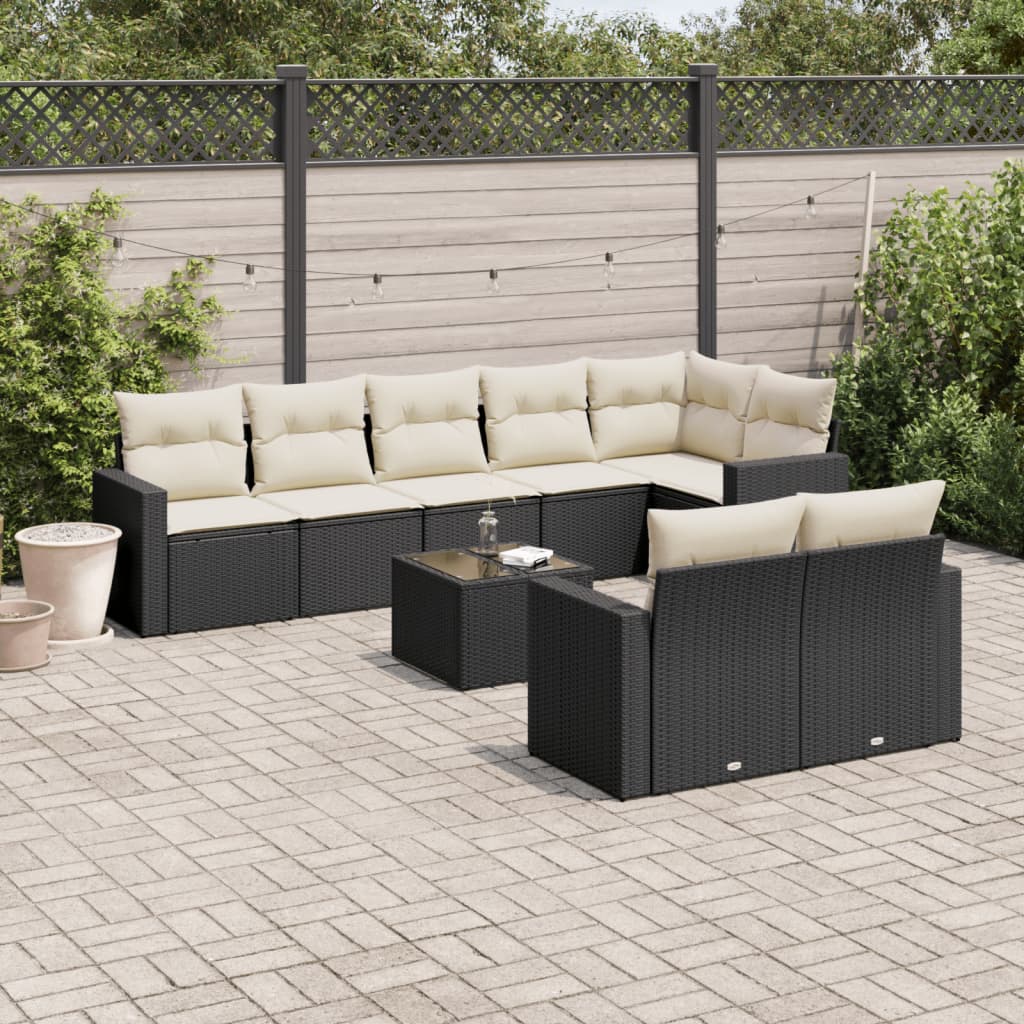 9-tlg. Garten-Sofagarnitur mit Kissen Schwarz Poly Rattan