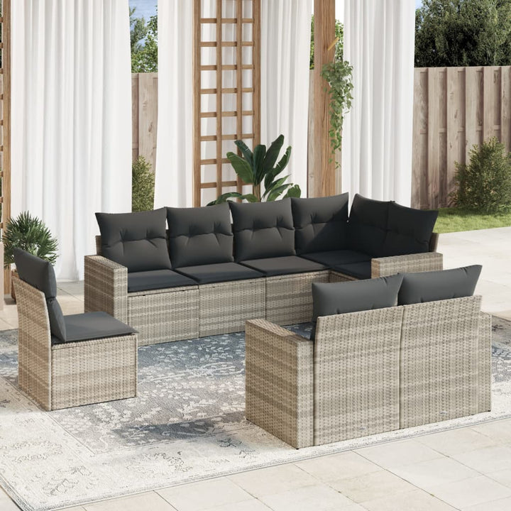 8-tlg. Garten-Sofagarnitur mit Kissen Hellgrau Poly Rattan