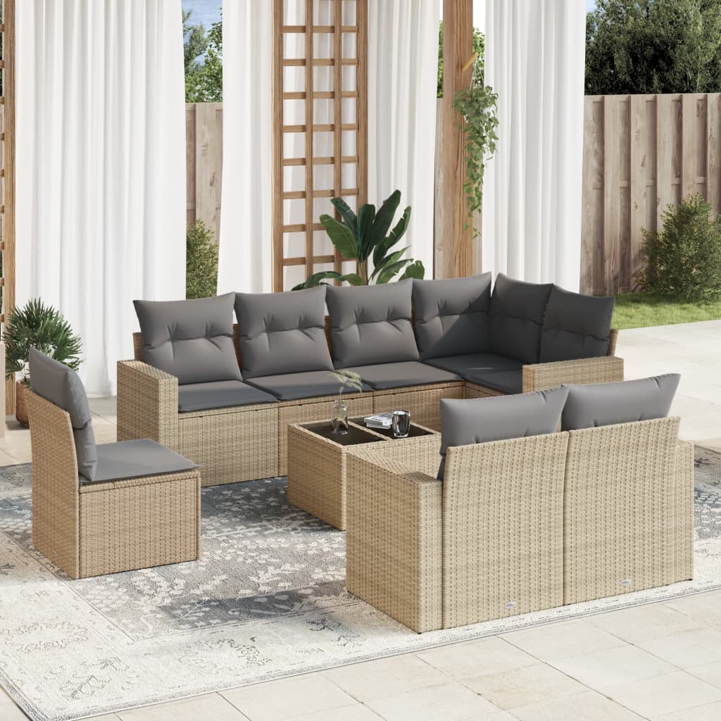 9-tlg. Garten-Sofagarnitur mit Kissen Beige Poly Rattan