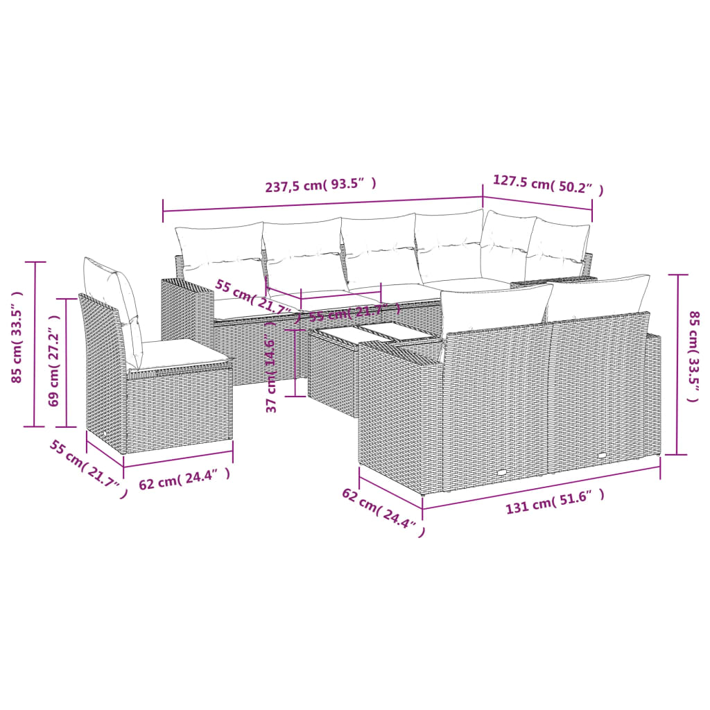 9-tlg. Garten-Sofagarnitur mit Kissen Hellgrau Poly Rattan