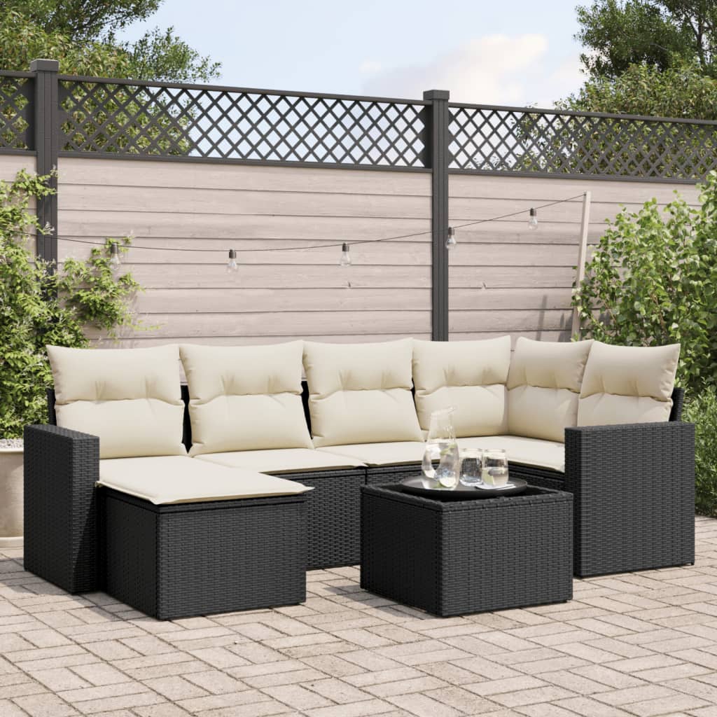 7-tlg. Garten-Sofagarnitur mit Kissen Schwarz Poly Rattan