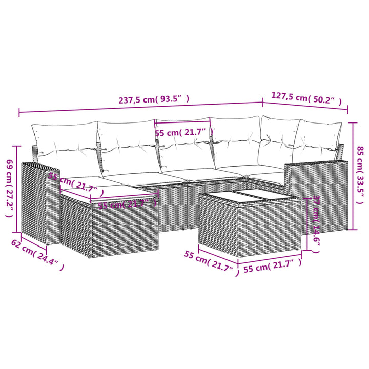 7-tlg. Garten-Sofagarnitur mit Kissen Braun Poly Rattan