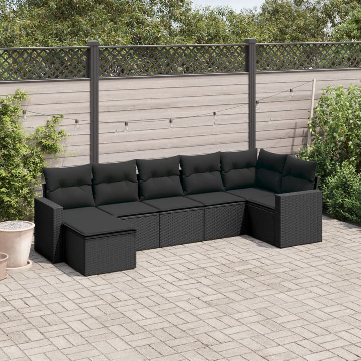 7-tlg. Garten-Sofagarnitur mit Kissen Schwarz Poly Rattan