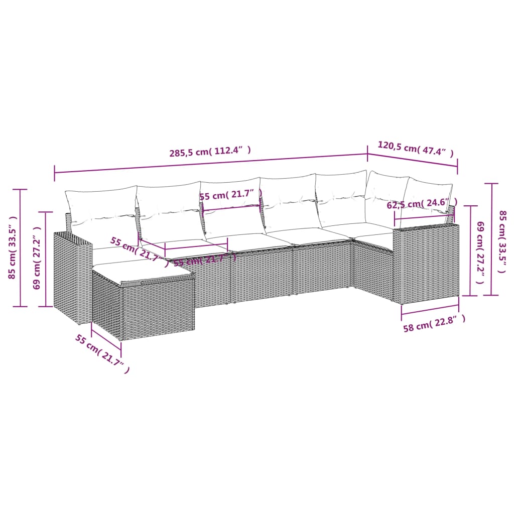 7-tlg. Garten-Sofagarnitur mit Kissen Hellgrau Poly Rattan