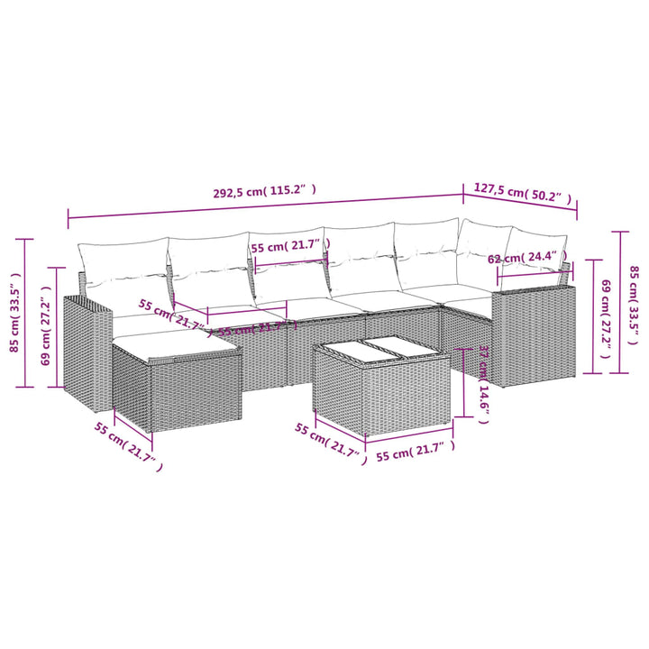 8-tlg. Garten-Sofagarnitur mit Kissen Hellgrau Poly Rattan