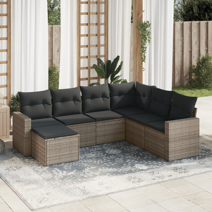 7-tlg. Garten-Sofagarnitur mit Kissen Grau Poly Rattan