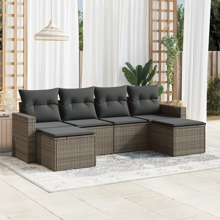 6-tlg. Garten-Sofagarnitur mit Kissen Grau Poly Rattan