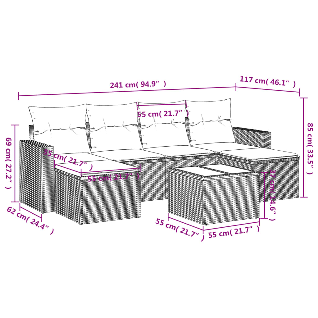 7-tlg. Garten-Sofagarnitur mit Kissen Hellgrau Poly Rattan