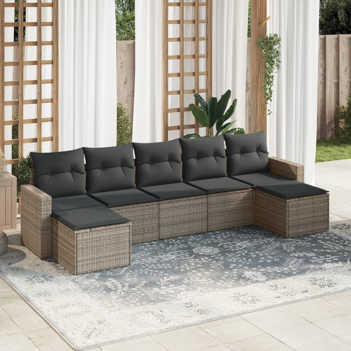 7-tlg. Garten-Sofagarnitur mit Kissen Grau Poly Rattan