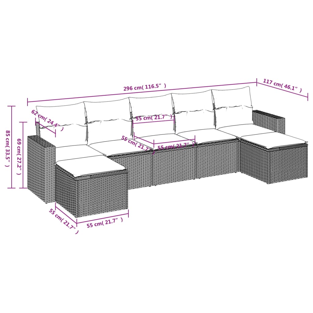 7-tlg. Garten-Sofagarnitur mit Kissen Braun Poly Rattan